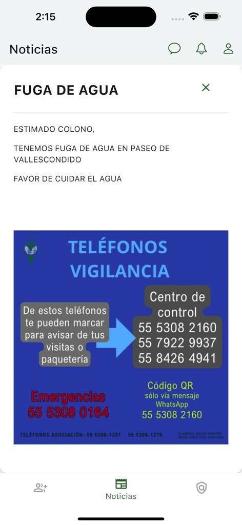 Interfaz de noticias de la App Valle Escondido que muestra un anuncio comunitario sobre una fuga de agua y un directorio telefónico de seguridad.
