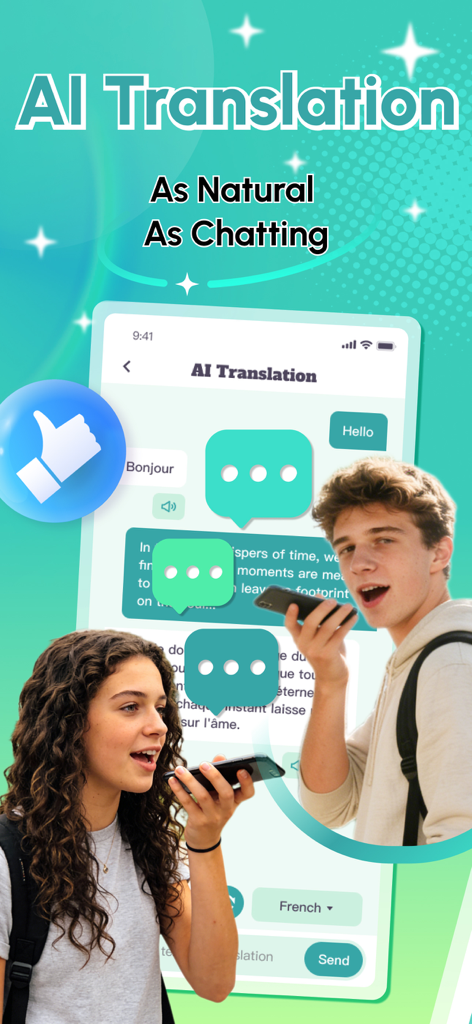QuickTalk AI - Two young people using the QuickTalk AI app for natural conversation translation on their phones