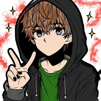 teenage manga boy in a hoodie, doing ✌