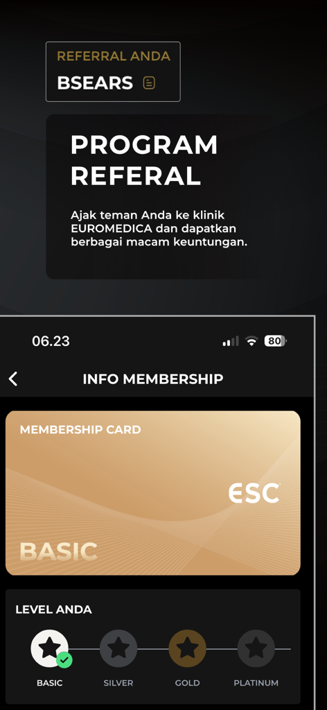 Euromedica - Euromedica app interface displaying membership levels and referral program details.