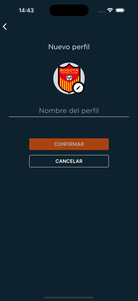 Interfaz para crear un nuevo perfil de usuario en la aplicación Win Play con selección de avatar del equipo y campo de entrada de nombre.