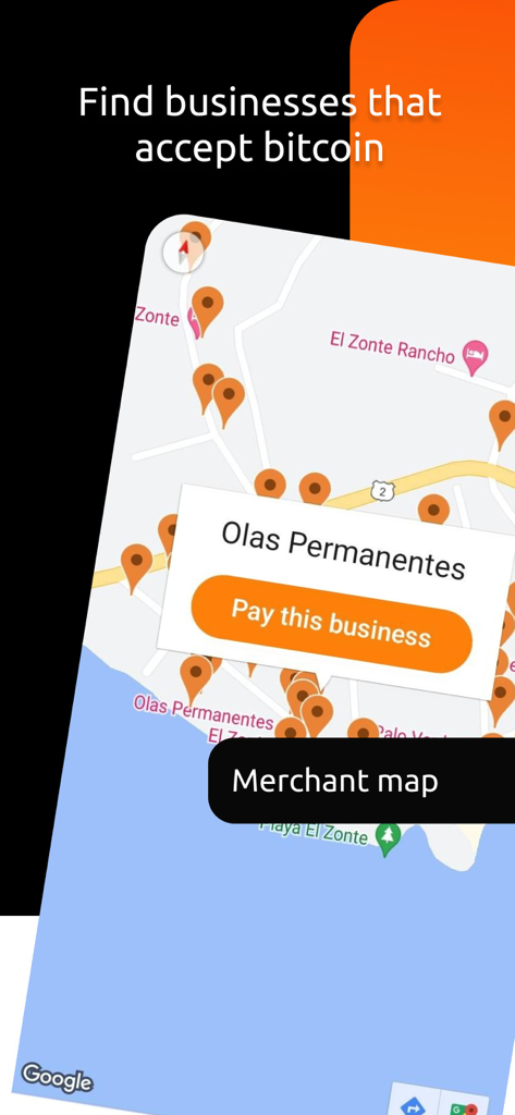 Blink (Bitcoin Wallet) - A merchant map in the Blink app showing local businesses that accept Bitcoin payments
