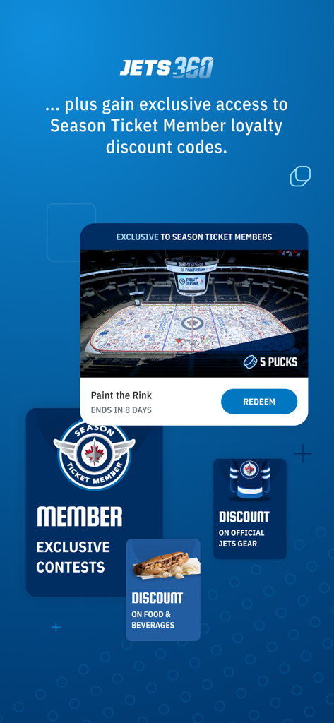 Bildschirm der Winnipeg Jets App für Jets 360-Treueprämien und Mitgliederrabatte