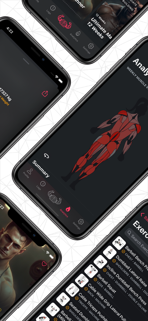 SmartWorkout - Gym Log Tracker - Varias pantallas de iPhone que muestran la interfaz de la aplicación SmartWorkout, que incluye un mapa de calor muscular, planes de entrenamiento y una lista de ejercicios