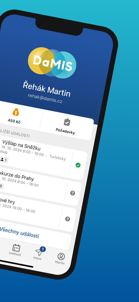 DaMISモバイルアプリのダッシュボード。アカウント残高と今後のイベントリストが表示されたユーザープロファイルを表示