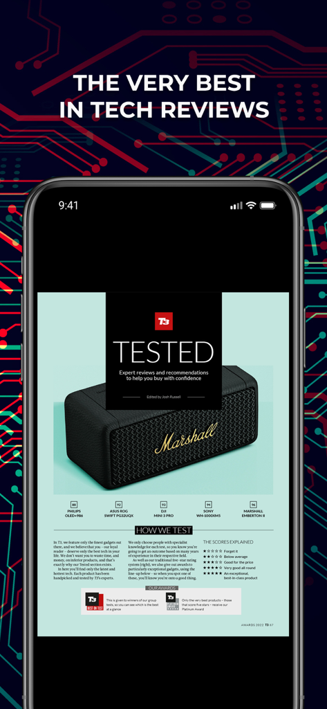A screenshot of T3 Magazine app displaying expert tech reviews and recommendations featuring a Marshall speaker