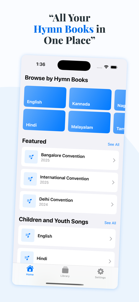 Startbildschirm der pfingstlichen Hymnen-App mit Liederbüchern in verschiedenen Sprachen wie Englisch, Malayalam und Hindi.