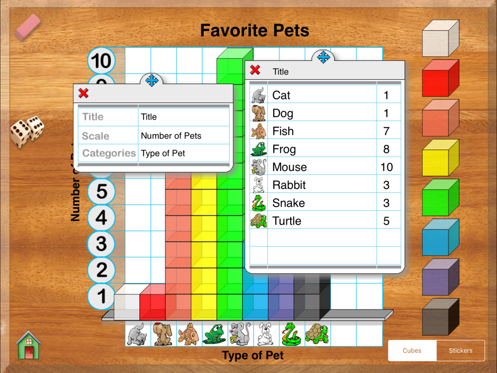 Hands-On Math Graph Cubes - Una colorida gráfica de barras que muestra datos sobre mascotas favoritas utilizando cubos virtuales 3D.