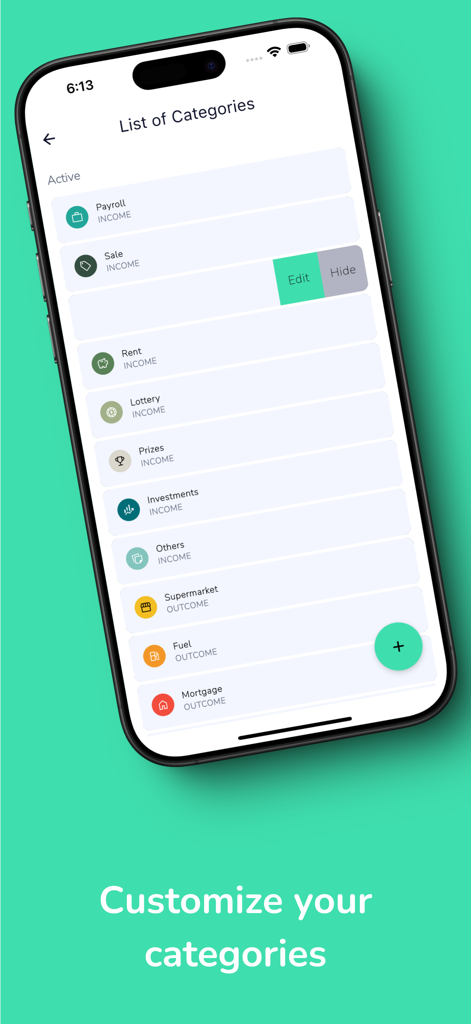 My Money - Track your expenses - Interfaz que muestra categorías personalizables de ingresos y gastos en la aplicación Mi Dinero.