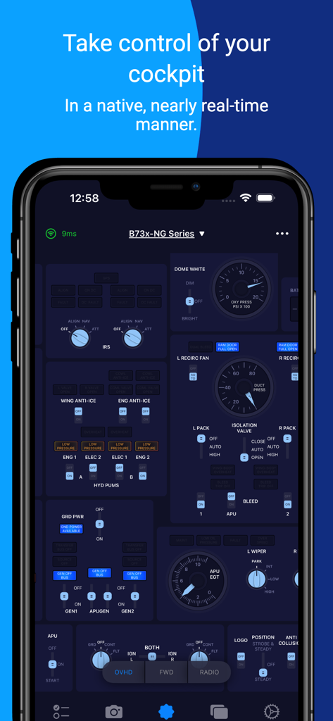 SimFly Pad - SimFly Pad mobile app interface showing a virtual overhead cockpit control panel for a B737 flight simulator