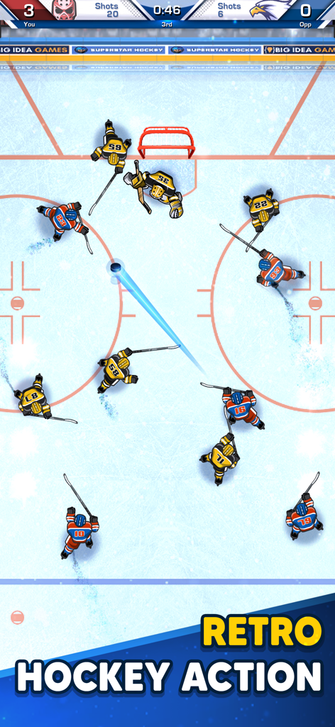 Top down view of retro arcade hockey gameplay in Superstar Hockey