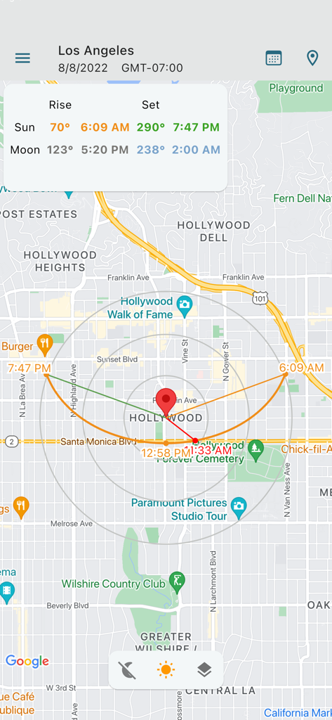 Sun Position Sunrise & Sunset - Sun Position app map showing sunrise and sunset paths over Los Angeles