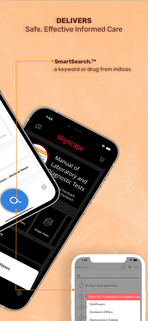 Captura de pantalla de la aplicación móvil Guía de Laboratorio y Pruebas Diagnósticas, destacando la función SmartSearch para palabras clave médicas y medicamentos.