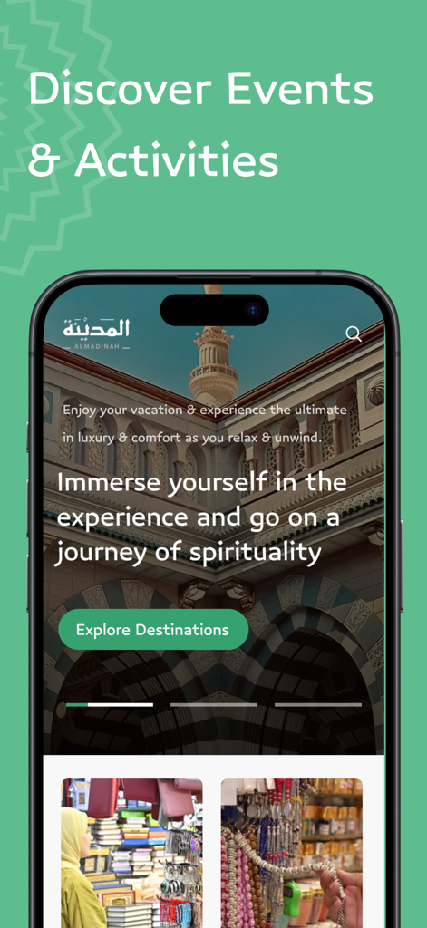 Visit Madinah | روح المدينة - Visit Madinah app interface showing Al Masjid an Nabawi and events discovery feature