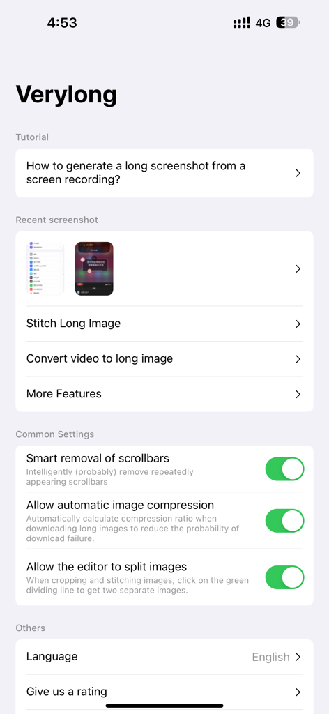 Interfaccia dell'app Creatore di Screenshot Lunghissimi che mostra le impostazioni per la rimozione intelligente della barra di scorrimento e le opzioni per l'unione di immagini.