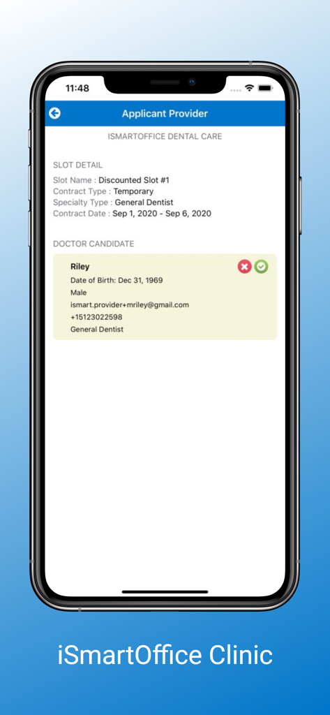 iSmartOffice Clinic - iSmartOffice Clinic app screen displaying a doctor candidate profile for a dental practice