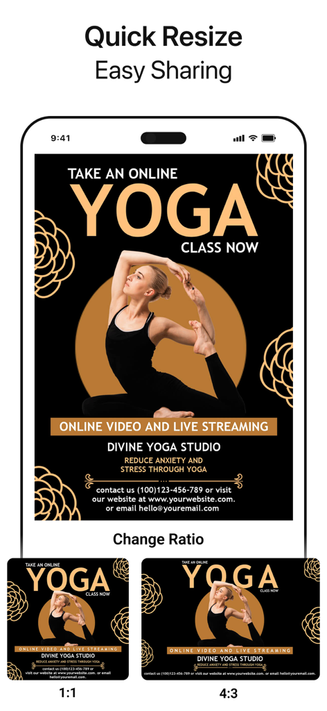 Poster Maker Flyer Maker - Poster Maker app interface showing a yoga flyer being resized into different aspect ratios including 1:1 and 4:3.