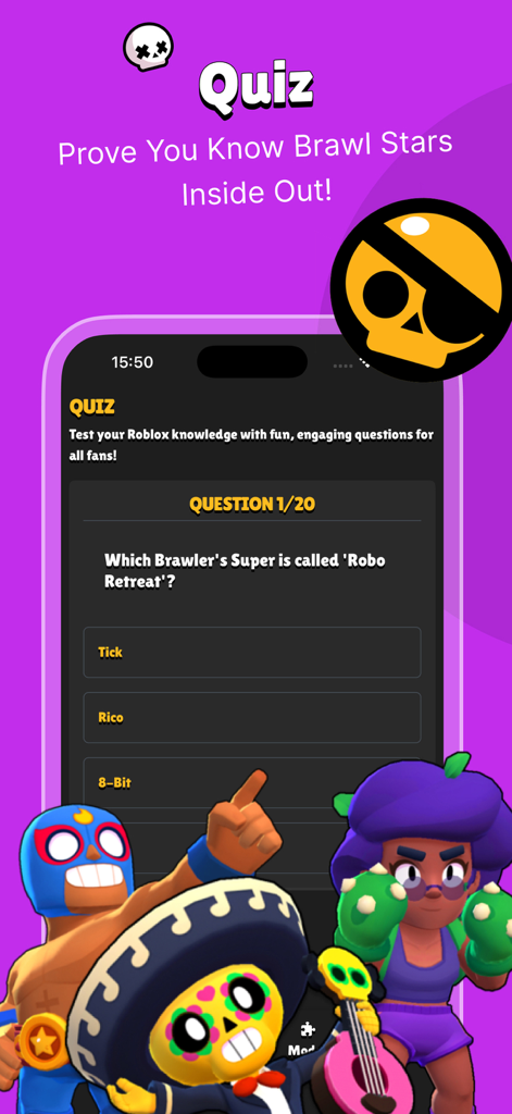 Insider for Brawl Stars - Interfaz de cuestionario de Brawl Stars en la aplicación Insider con trivia de personajes