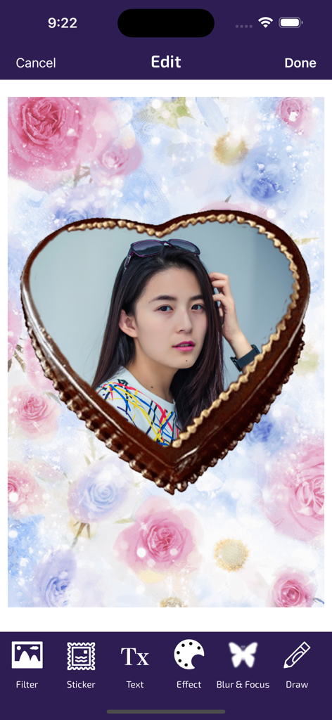 Birthday Photo Frames - Editor - Interfaz de aplicación móvil que muestra la foto de una joven dentro de un marco de pastel de chocolate en forma de corazón con un fondo floral