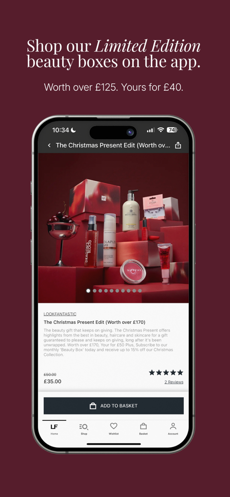 高級スキンケアとメイクアップ製品を含む限定版クリスマスビューティーボックスを示すLookfantasticモバイルアプリ画面