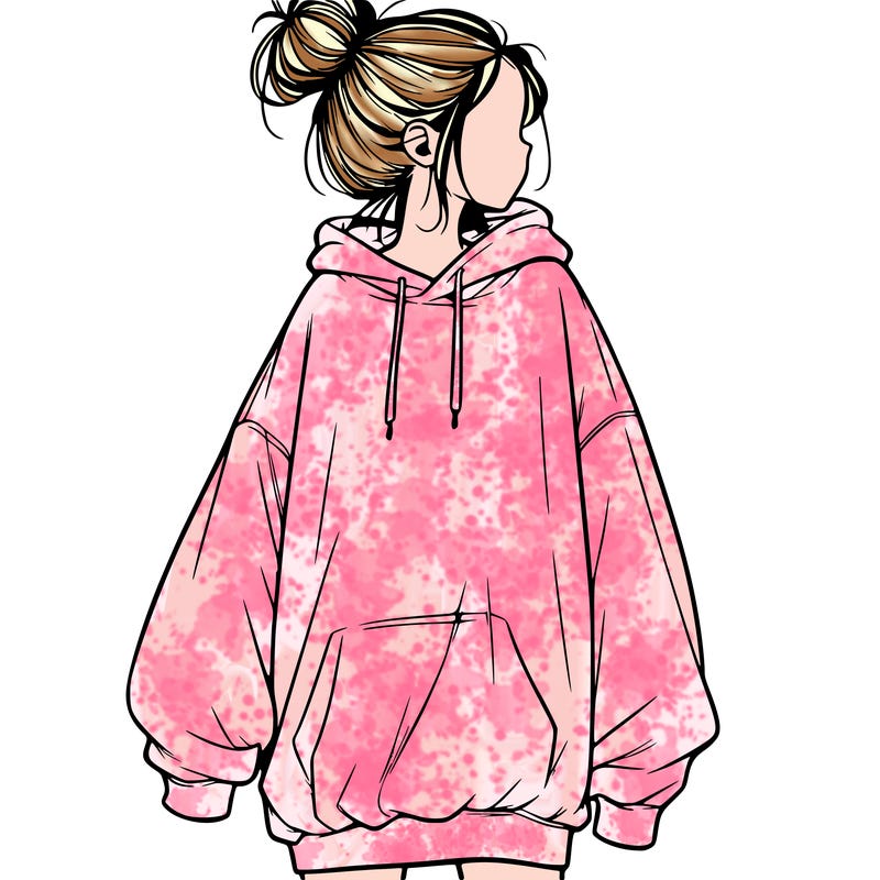 realistic girl with a oversized sweatshirt on and a bun