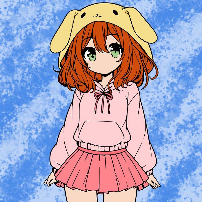 pretty anime girl wearing a fluffy hoodie with bunny ears on the hood and a skirt