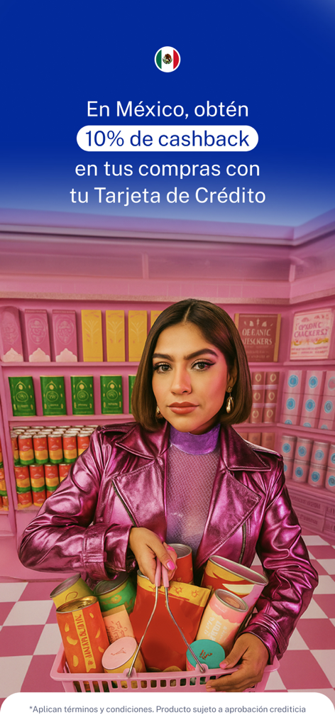 A woman shopping with a basket in a pink supermarket showcasing Uala's 10 percent cashback credit card offer in Mexico