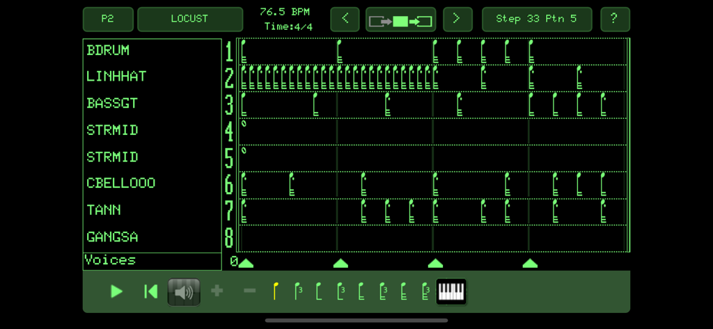 Interface of the Page R rhythm sequencer in the Peter Vogel CMI app featuring a retro green phosphor screen display