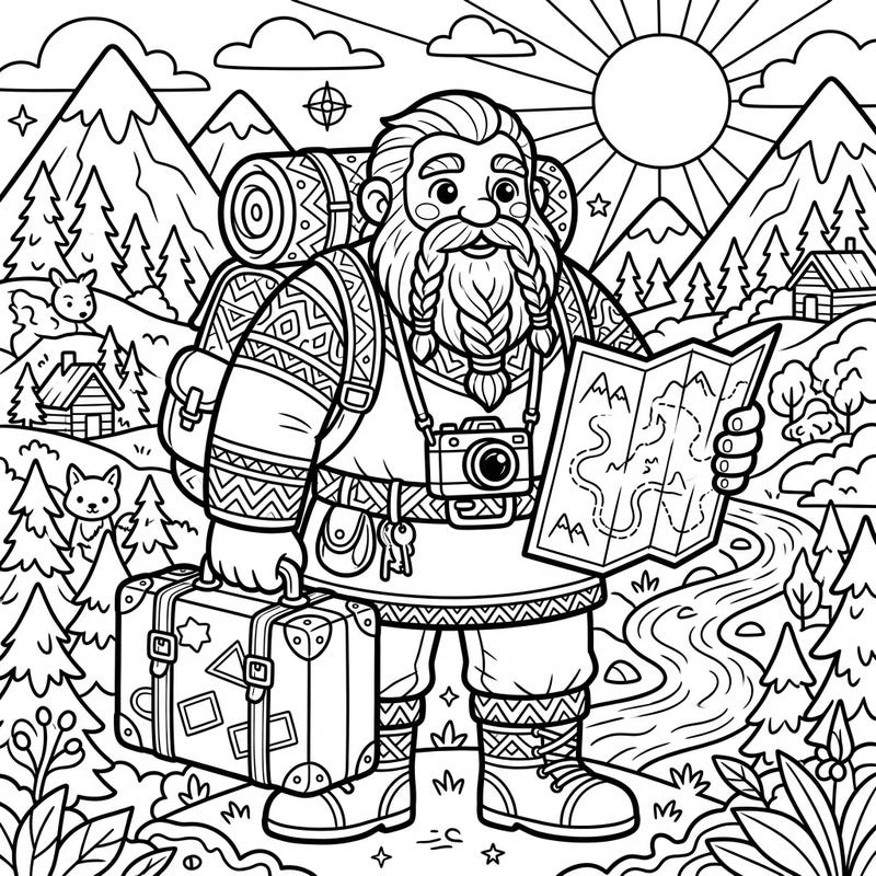 Join a cheerful Jotunn giant as he sets off on an exciting vacation through the mountains. This engaging coloring page, perfect for young adventurers, invites kids to explore a world of travel, nature, and mythical fun.