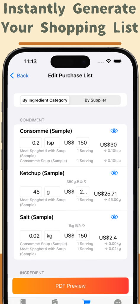Shopping list interface in the Food Cost Calculator app showing ingredient quantities and prices