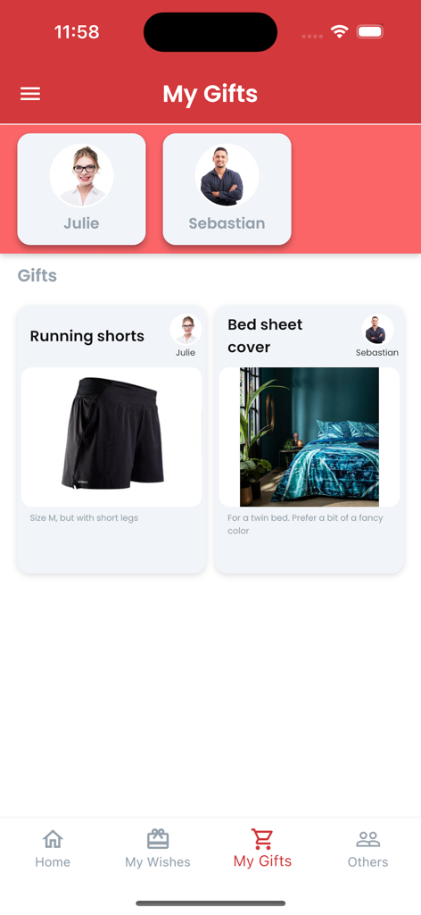 The iWish app interface displaying the My Gifts section with items like running shorts and bed sheets listed for different group members.