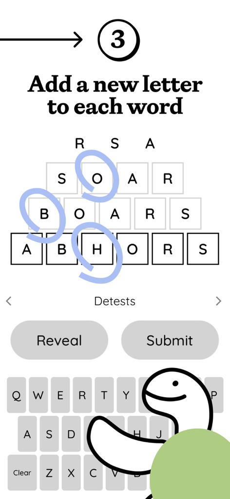 Triplit: Daily Word Game - Gameplay screenshot of Triplit Daily Word Game showing a word puzzle where players add letters to form three different words