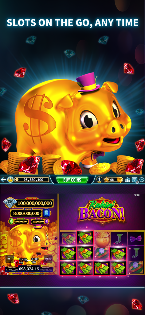 FoxPlay Casino : Slots Games - FoxPlay Casino mobile slot game interface featuring the Rakin Bacon golden piggy bank
