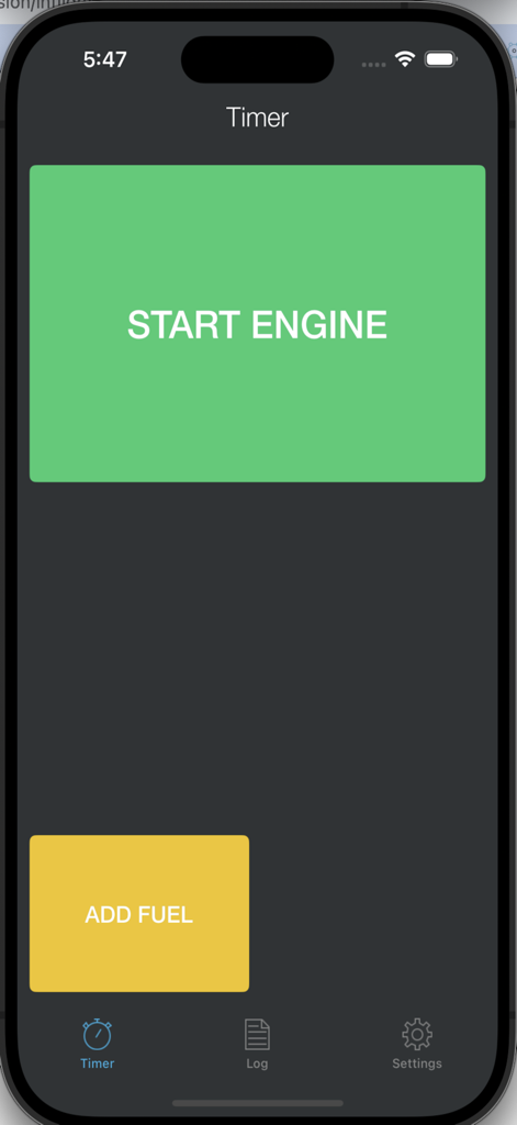 Daily Flight Log app interface showing a large green Start Engine button and a yellow Add Fuel button on the timer screen