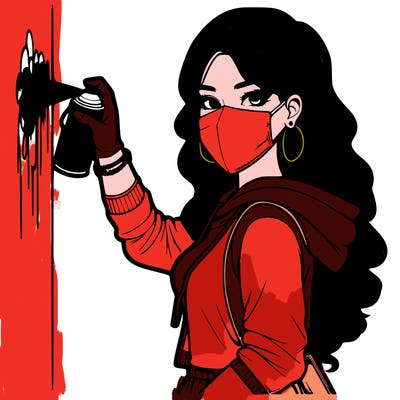 realistic girl with mask spray painting a wall