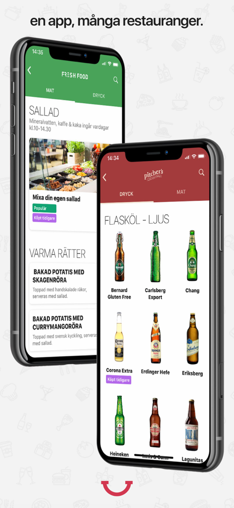 Two mobile phones showing the Happy Order app interface with digital food and beverage menus from different restaurants.