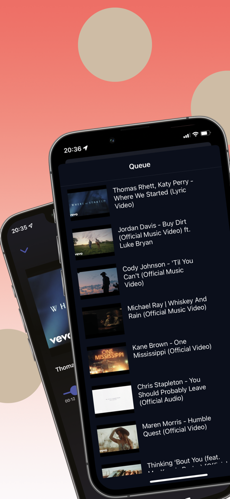 Musicase: Music Player - iPhone screen showing the Musicase app music queue with a list of music videos in dark mode.