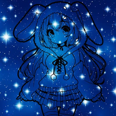 pretty anime girl wearing a fluffy hoodie with bunny ears on the hood and a skirt