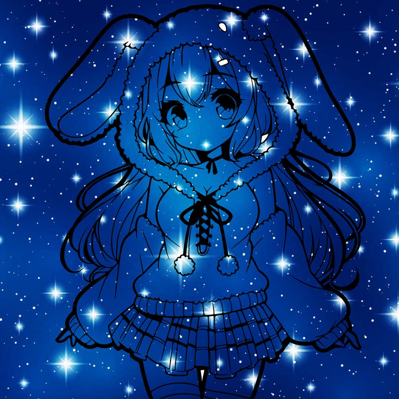 pretty anime girl wearing a fluffy hoodie with bunny ears on the hood and a skirt