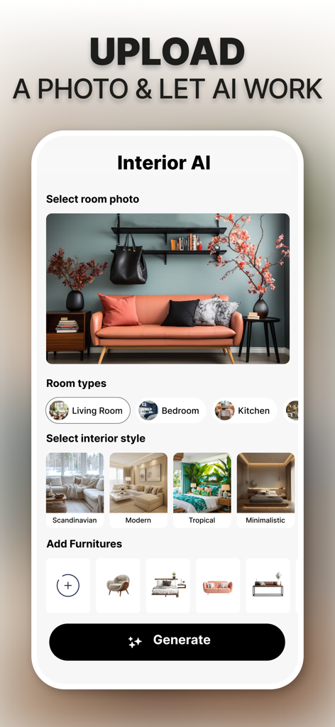 Interior Design - Home Remodel - A mobile app interface showing options to select room types and design styles for an AI home makeover.