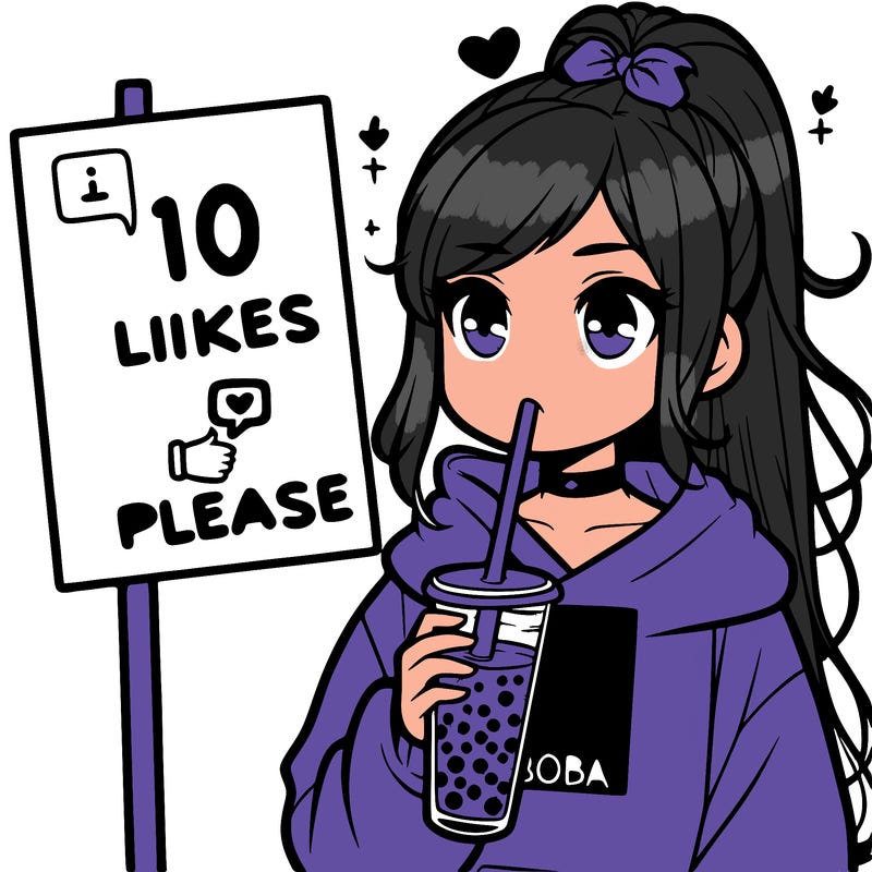 girl with a high ponytail and a hoodie drinking boba staring at a sign saying 10 likes please