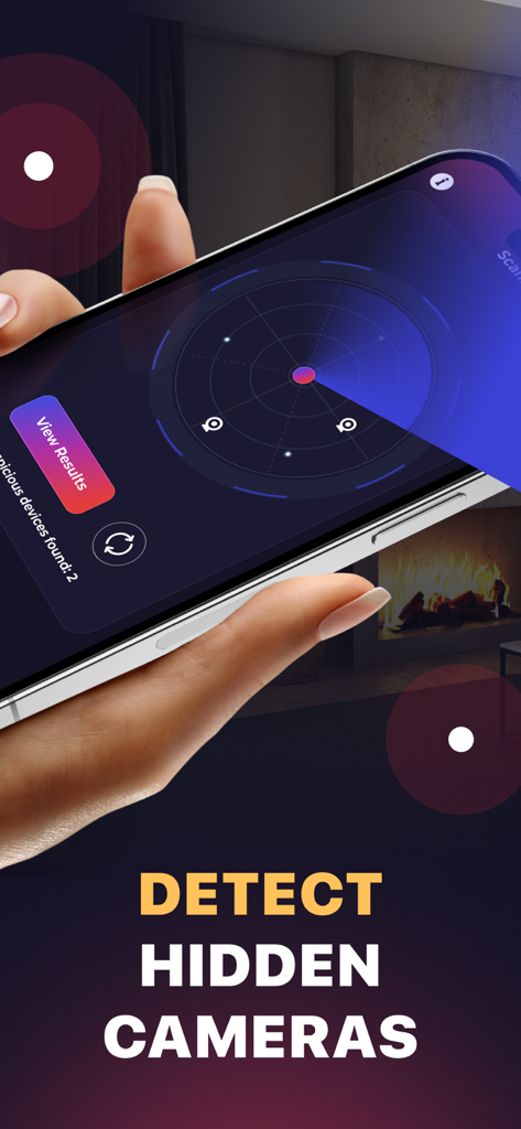 Hidden & Spy Camera Detector - A hand holding a smartphone using the Hidden and Spy Camera Detector app to scan a room for hidden devices