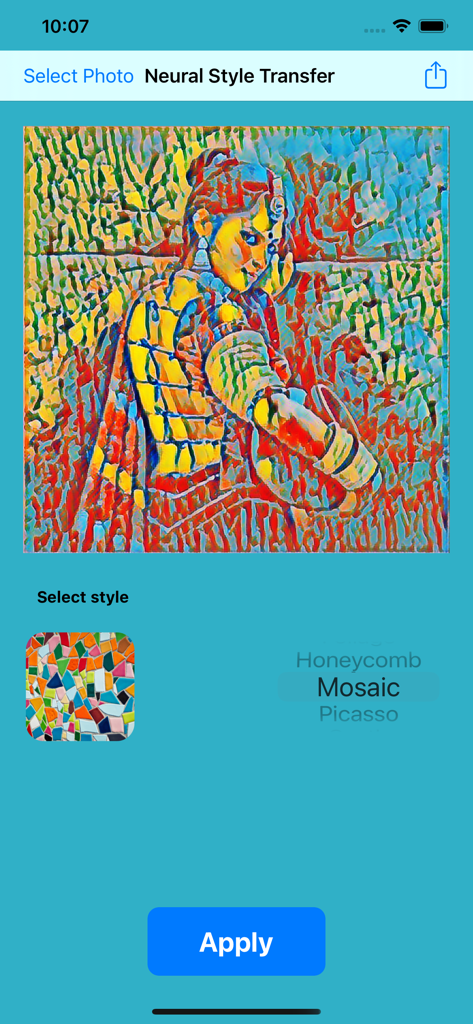 Neural Style Transfer - Neural Style Transfer app interface showing a photo with a mosaic art filter applied