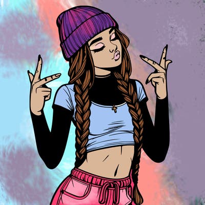 realistic teenage girl with braids and a beanie and crop top doing 🫶🏼