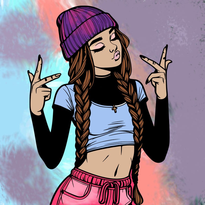 realistic teenage girl with braids and a beanie and crop top doing 🫶🏼
