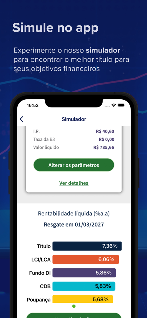 Tesouro Direto - Tesouro Direto app simulator interface comparing annual net profitability of various Brazilian investment options including public bonds and savings.