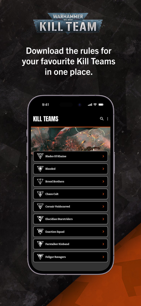 Kill Team: The App - Mobile app interface showing a list of selectable Kill Teams with their respective faction rules.