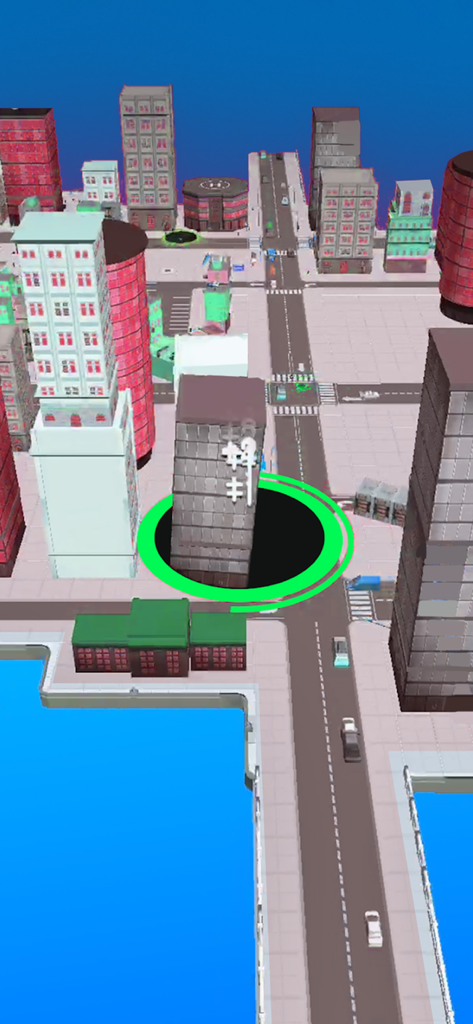 A neon green black hole swallowing a grey building in a 3D city environment