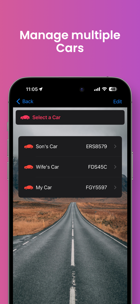 Mobile app screen showing a list of multiple cars to manage for a family fleet