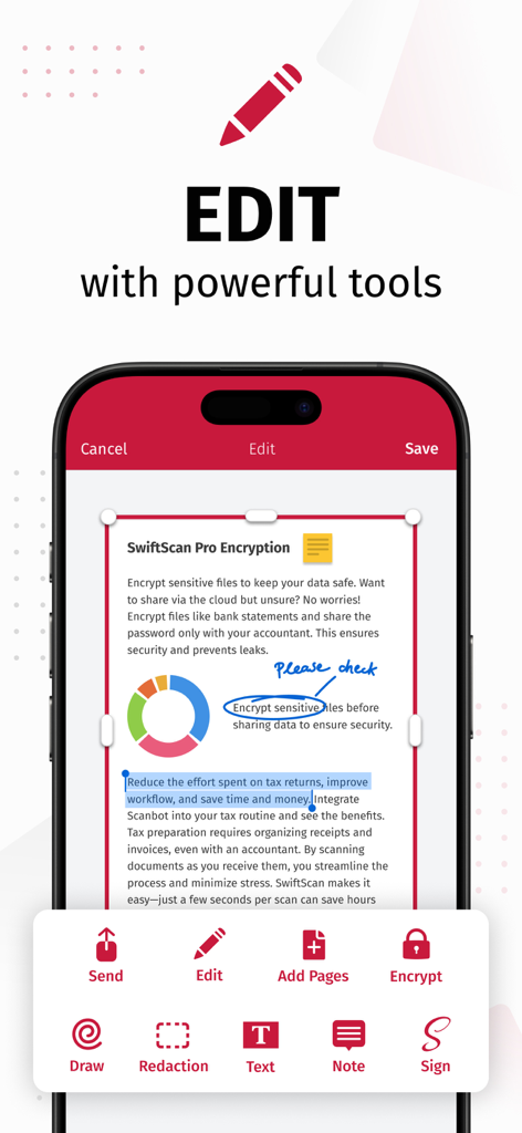 SwiftScan AI Document Scanner - SwiftScan AI app interface demonstrating document editing features like drawing, redaction, and electronic signature.